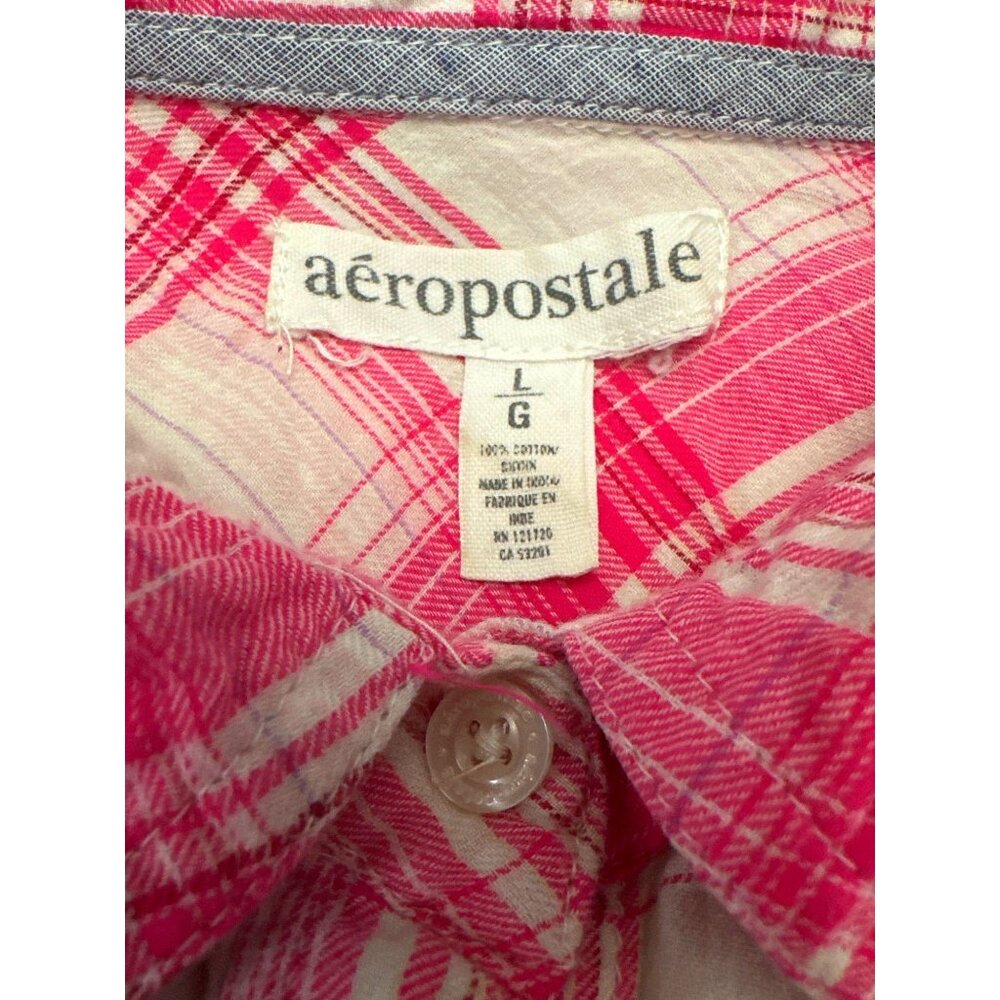 Aeropostale Large Pink White Plaid Button Up Long Sleeve Shirt All Cotton Trendy - Picture 5 of 10